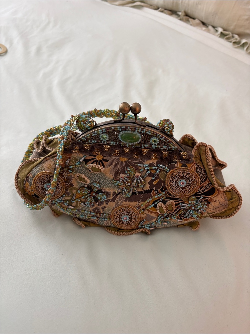 Mary Frances Boho Beaded Floral Clutch Handbag - Brown